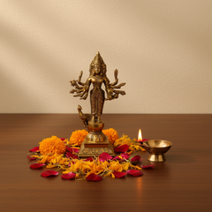 Shanmukha Murugan Brass Idol - 6 Faced Lord Kartikeya Statue with Vel and Peacock Brass Artwork