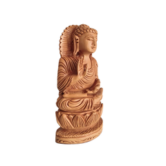 Hand-Carved Wooden Buddha Statue in Vitarka Mudra on Lotus Base