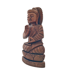 Hand-Carved Wooden Buddha Sitting In Lotus Decorative Background Panel