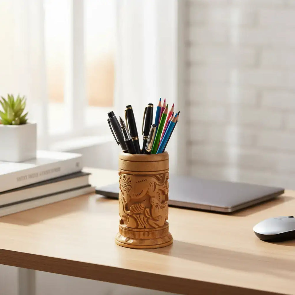 Hand-Carved Wooden Pen Stand – Elegant Desk Organizer Accessories