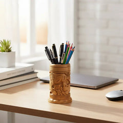 Hand-Carved Wooden Pen Stand – Elegant Desk Organizer Accessories