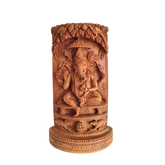 Intricate Cylindrical Wooden Carving with Ganesha and Sacred Cow Scenes