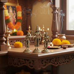 Brass Trimurti Idol of Lord Vishnu, Lakshmi, and Saraswati