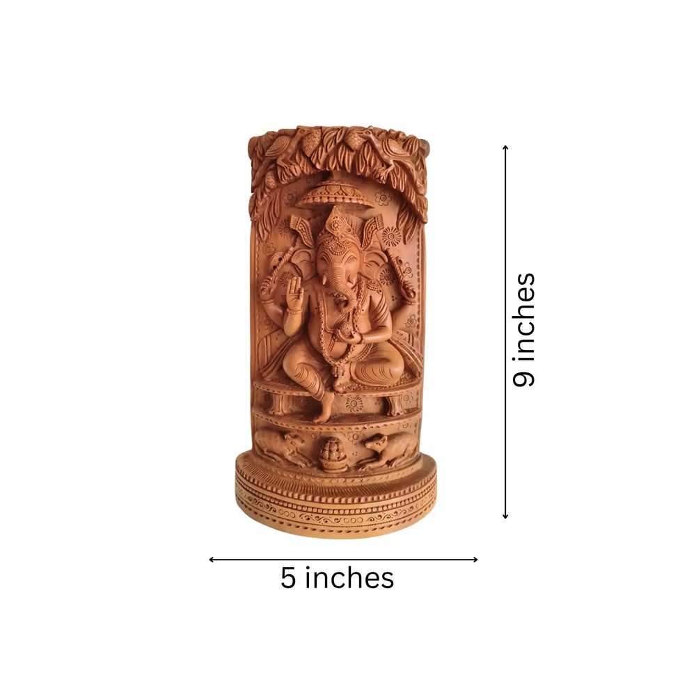 Intricate Cylindrical Wooden Carving with Ganesha and Sacred Cow Scenes Wood Decorative