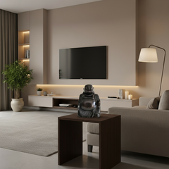 Miniature dark wood finish Laughing Buddha figurine with hand-carved detailing and cheerful expression