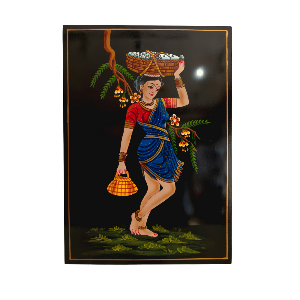 Indian folk fisherwoman moonlit