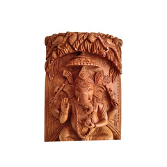 Intricate Cylindrical Wooden Carving with Ganesha and Sacred Cow Scenes Wood Decorative