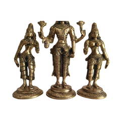 Brass Trimurti Idol of Lord Vishnu, Lakshmi, and Saraswati