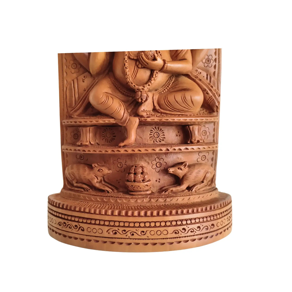 Intricate Cylindrical Wooden Carving with Ganesha and Sacred Cow Scenes Wood Decorative