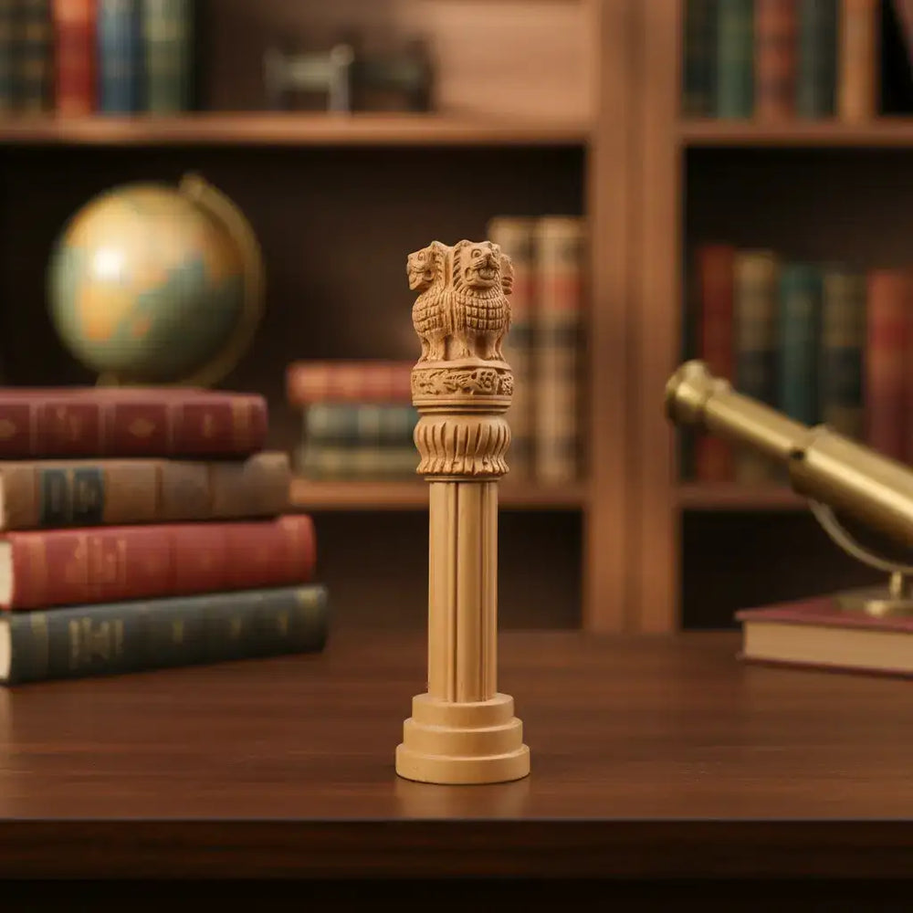 Handmade Wooden Ashoka Pillar – National Emblem Decorative Piece maruthi handicrafts