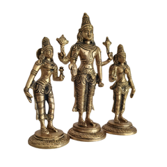 Brass Trimurti Idol of Lord Vishnu, Lakshmi, and Saraswati
