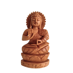 Hand-Carved Wooden Buddha Statue in Vitarka Mudra on Lotus Base