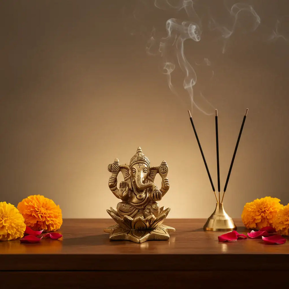Golden Brass Lord Ganesha Idol Seated on a Lotus Brass Ware