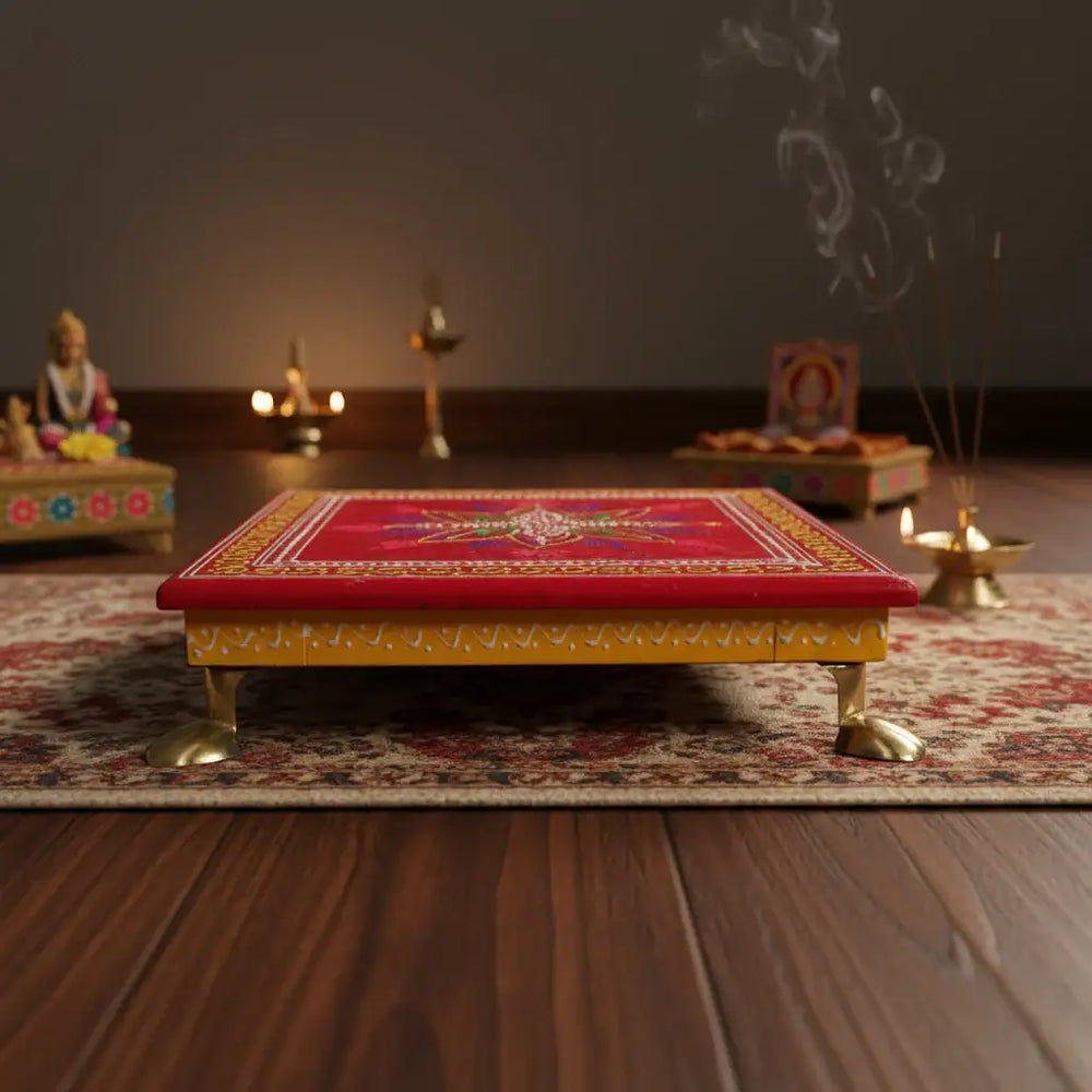 Hand-Painted Wooden Stool For Pooja (Chowki) with Traditional Design Wood Decorative
