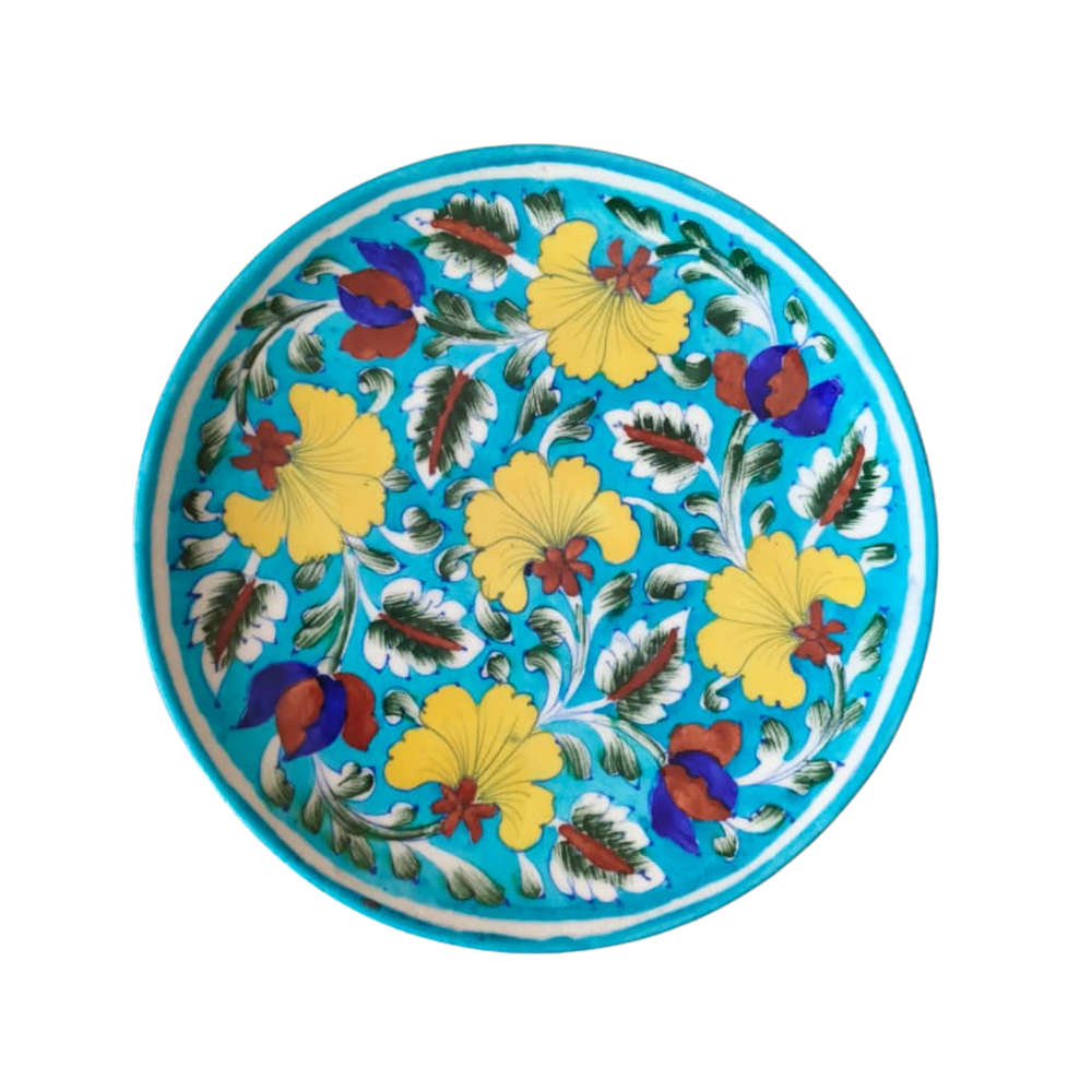 Hand-Painted Wall Plate Yellow and Blue Floral Pottery