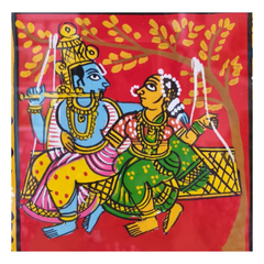 Radha Krishna on Swing (Jhoola) - Handcrafted Cheriyal Folk Art Painting Cheriyala Painting
