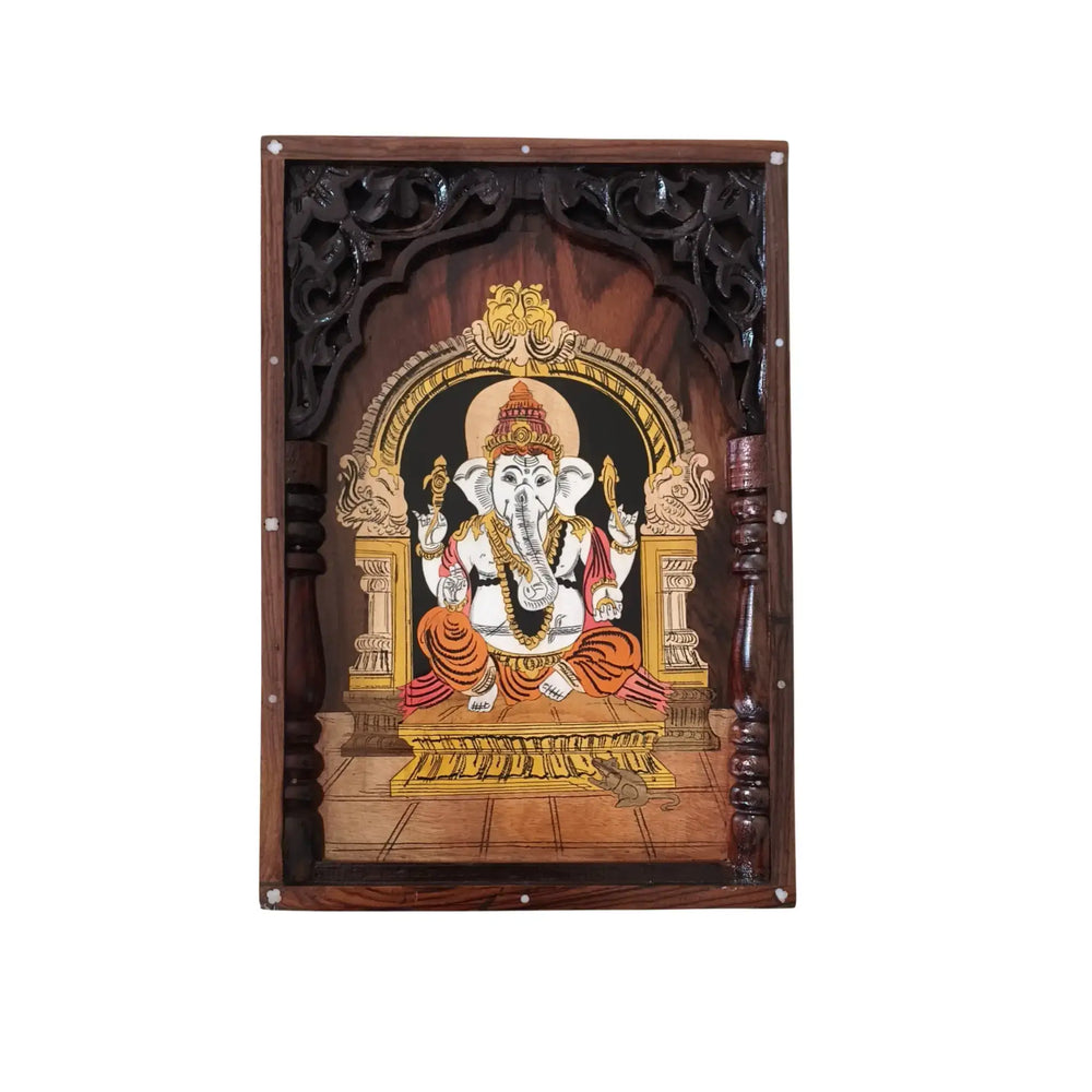 Traditional Rosewood Inlay Wall Art – Lord Ganesha in Divine Temple Arch Inlay Art