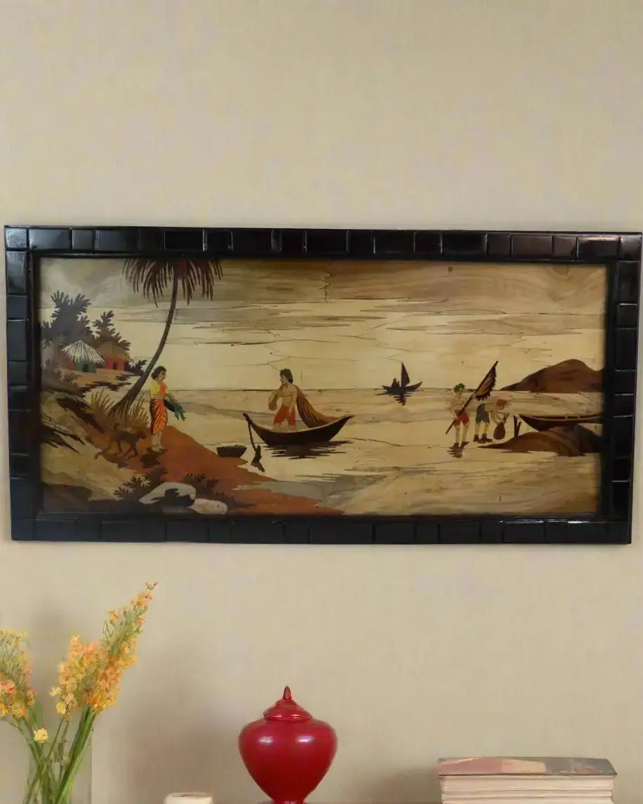 Traditional Mysore Inlay Art – Riverside Nature Scene in Rosewood Frame Inlay Art
