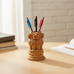 Handcrafted Wooden Lion Capital Ashoka Pen Stand