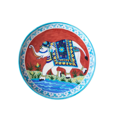 Hand-Painted White Elephant Decorative Plate with Red Background