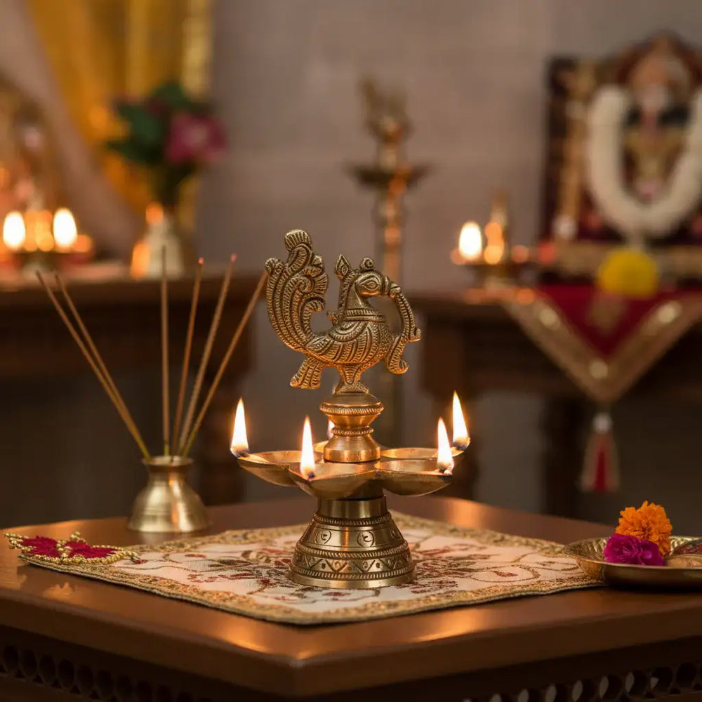 Brass Peacock Deepam (Diya) with Five Wicks Brass Ware