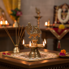 Brass Peacock Deepam (Diya) with Five Wicks