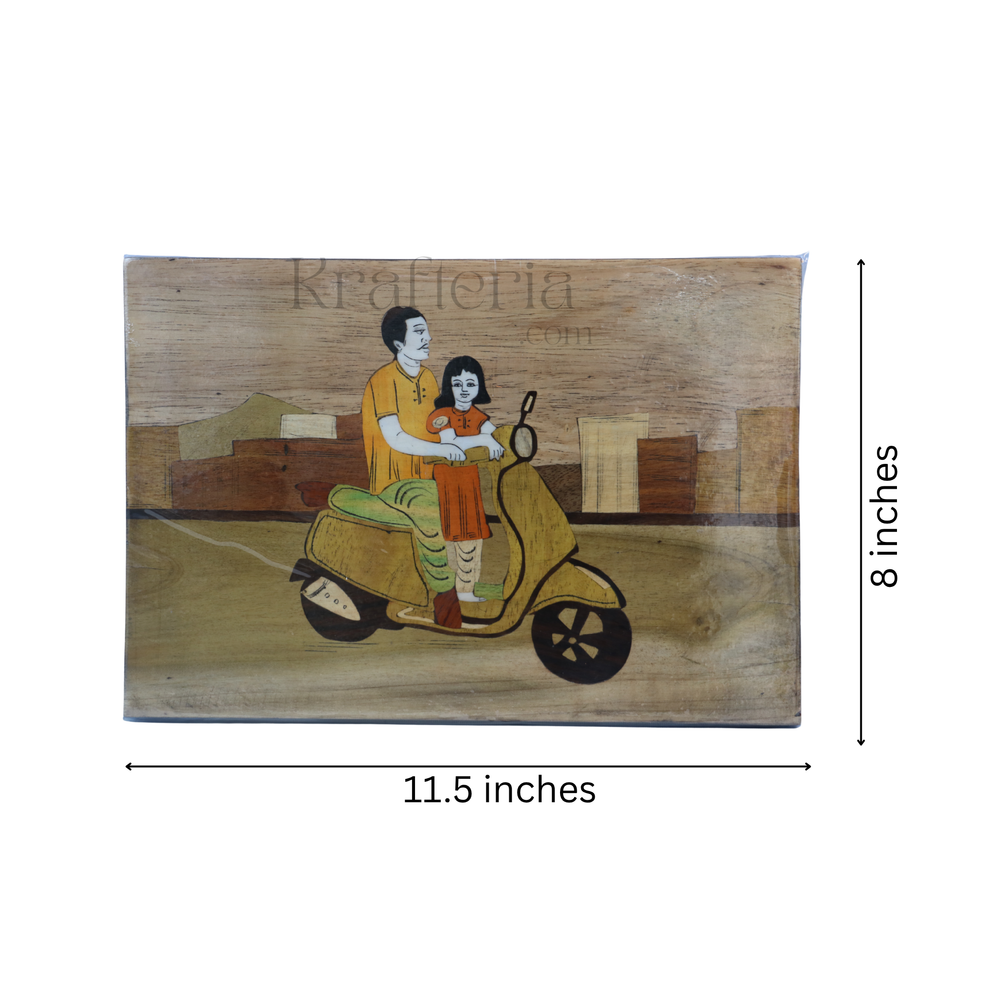 Rosewood Inlay Frame - Father and Daughter on Scooter Inlay Art