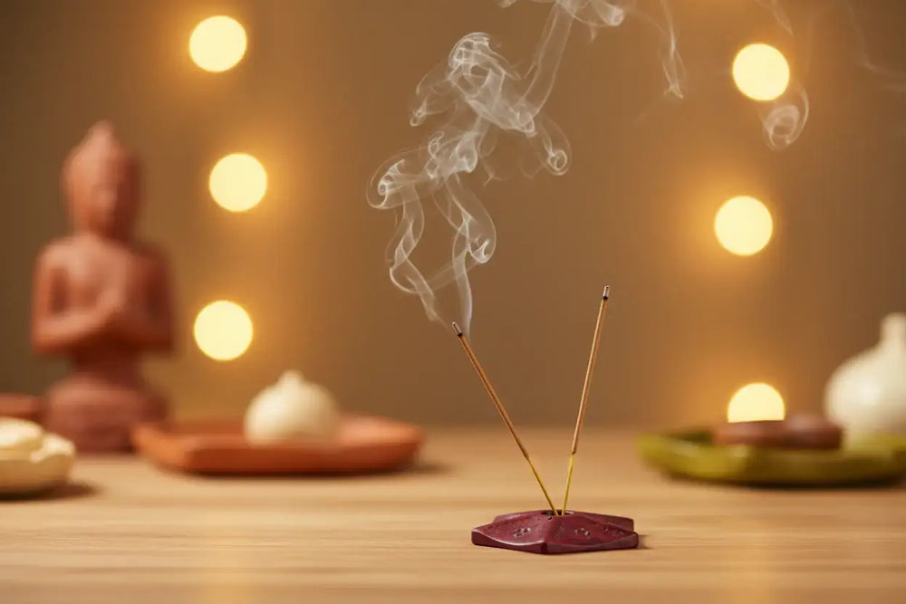 Handcrafted red soapstone incense stick holder with carved detailing.