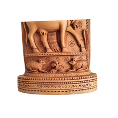 Intricate Cylindrical Wooden Carving with Ganesha and Sacred Cow Scenes