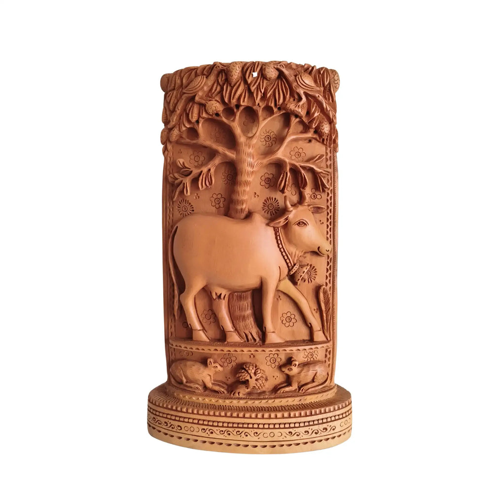 Intricate Cylindrical Wooden Carving with Ganesha and Sacred Cow Scenes Wood Decorative