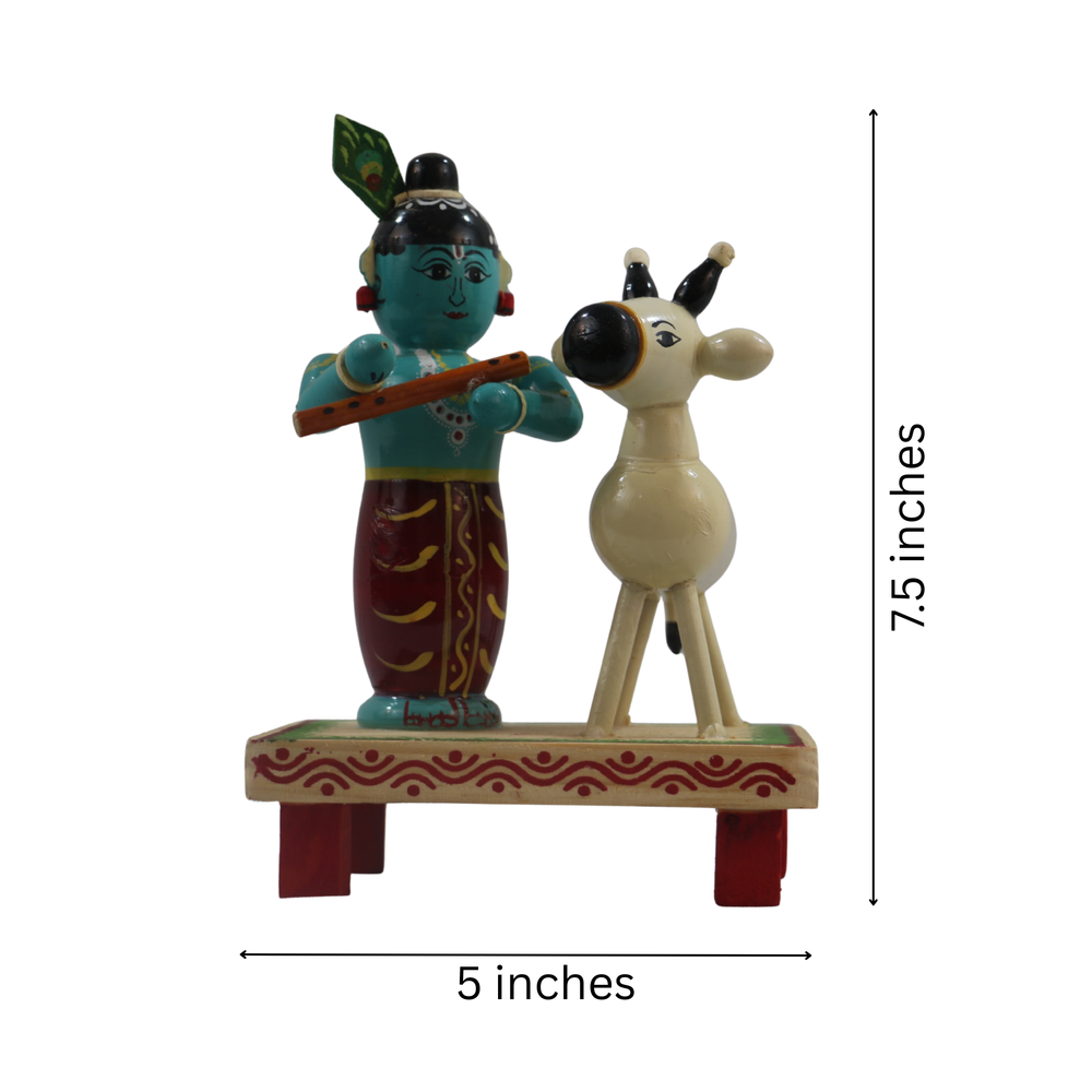 Authentic Chennapattnam wooden Krishna and cow handmade idol