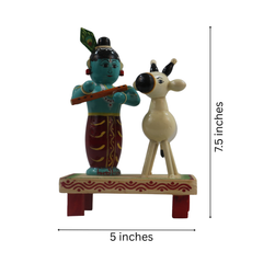 Authentic Chennapattnam wooden Krishna and cow handmade idol