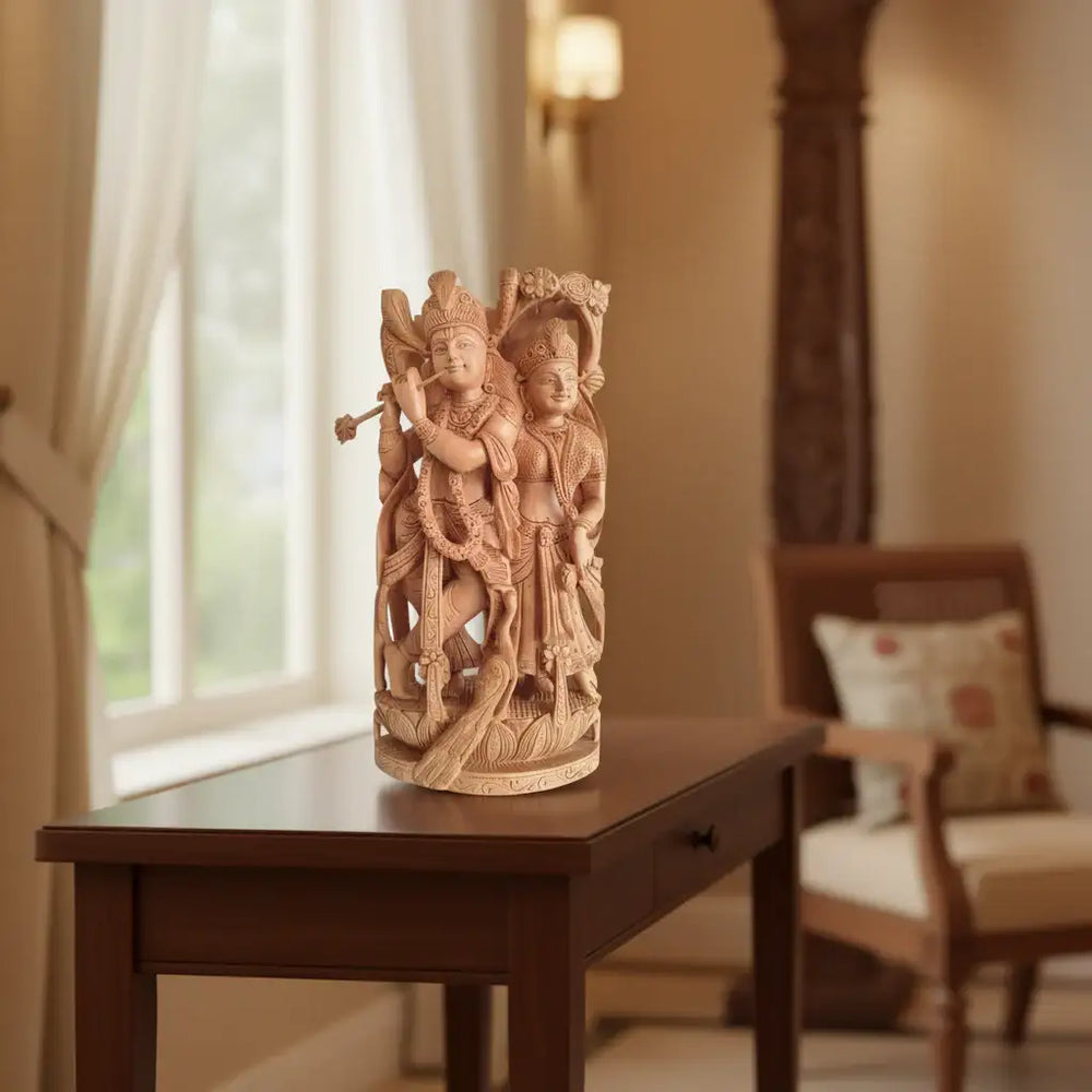 Hand-carved wooden Radha Krishna sculpture depicting divine love with intricate detailing and fine craftsmanship