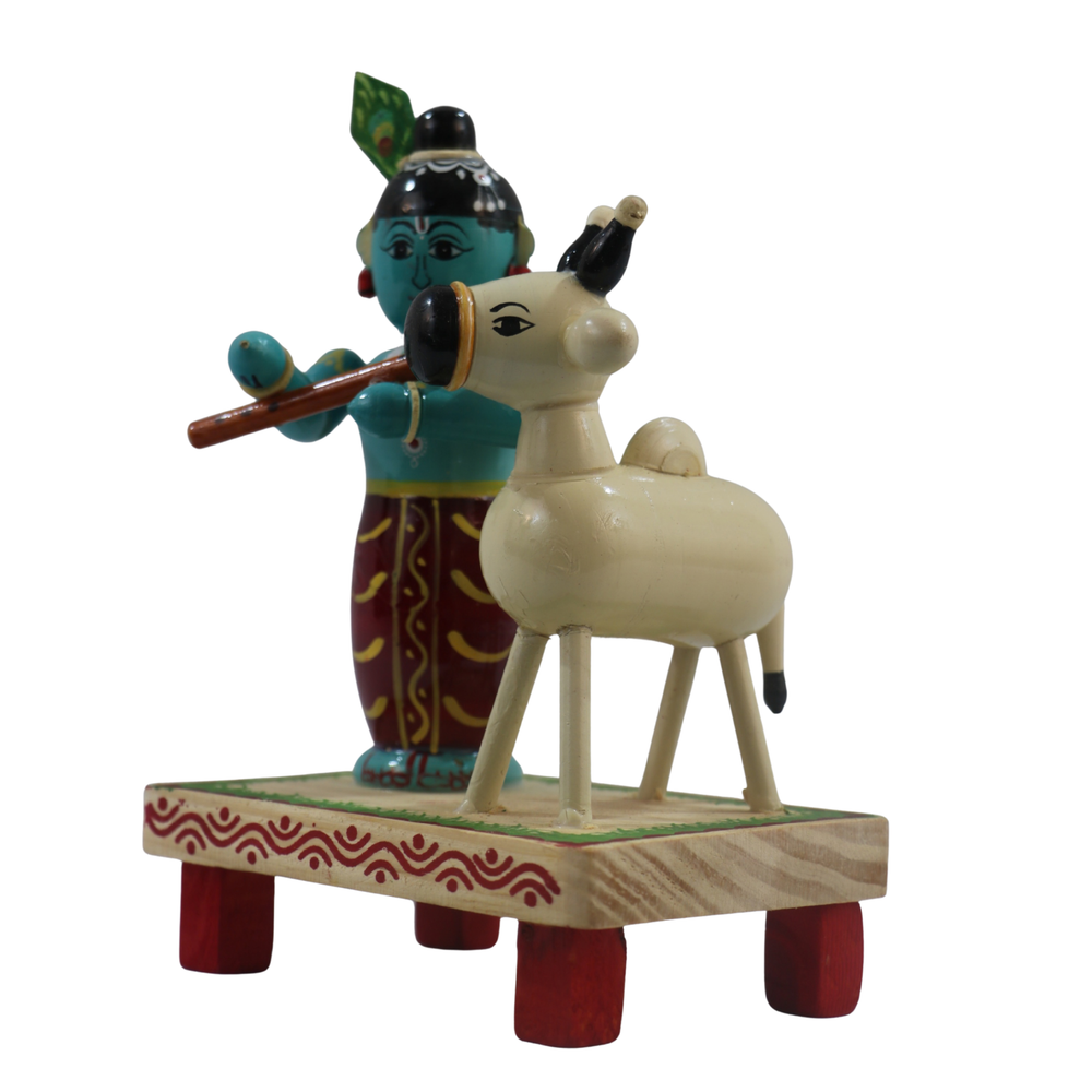 Traditional Chennapattnam wooden Krishna and cow idol for home decor