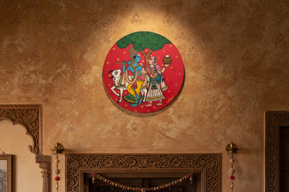 Hand-painted Cheriyal Art Radha Krishna Circular Wall Plate wall decor
