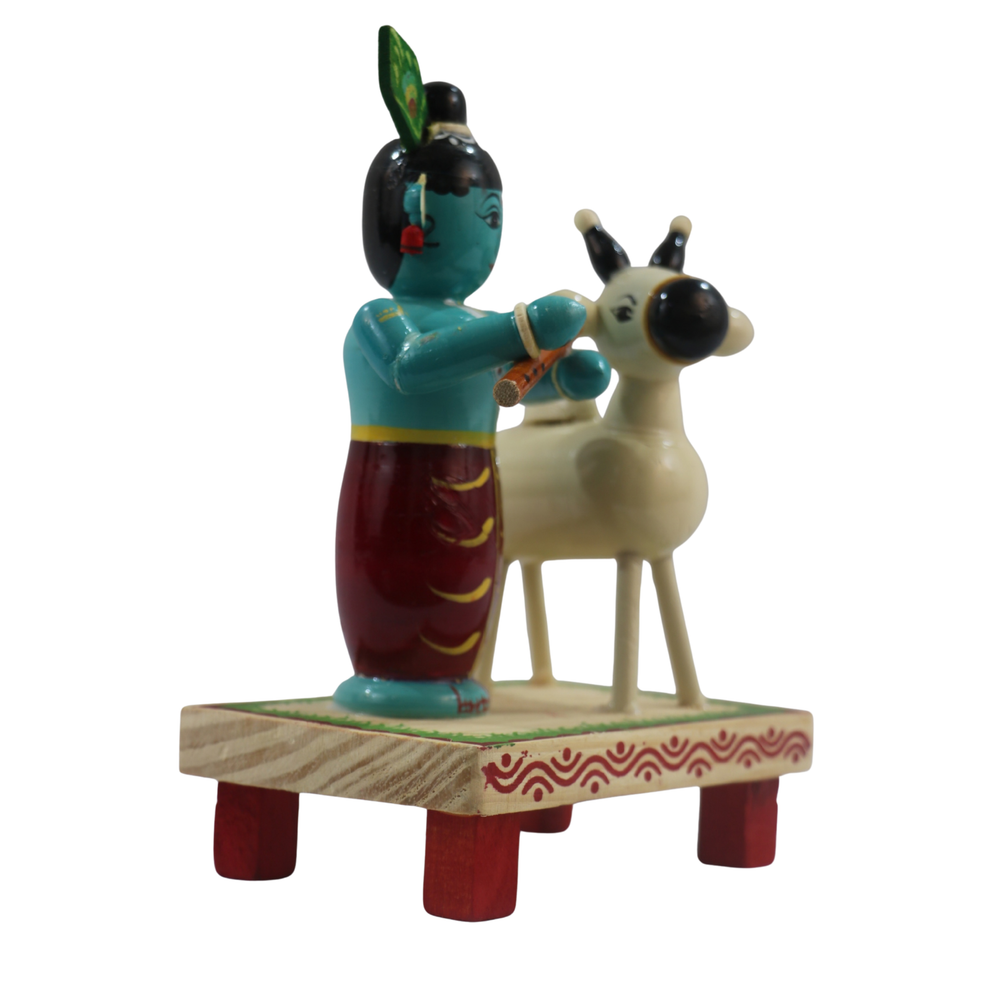 Hand-painted Chennapattnam wooden Krishna and cow spiritual gift