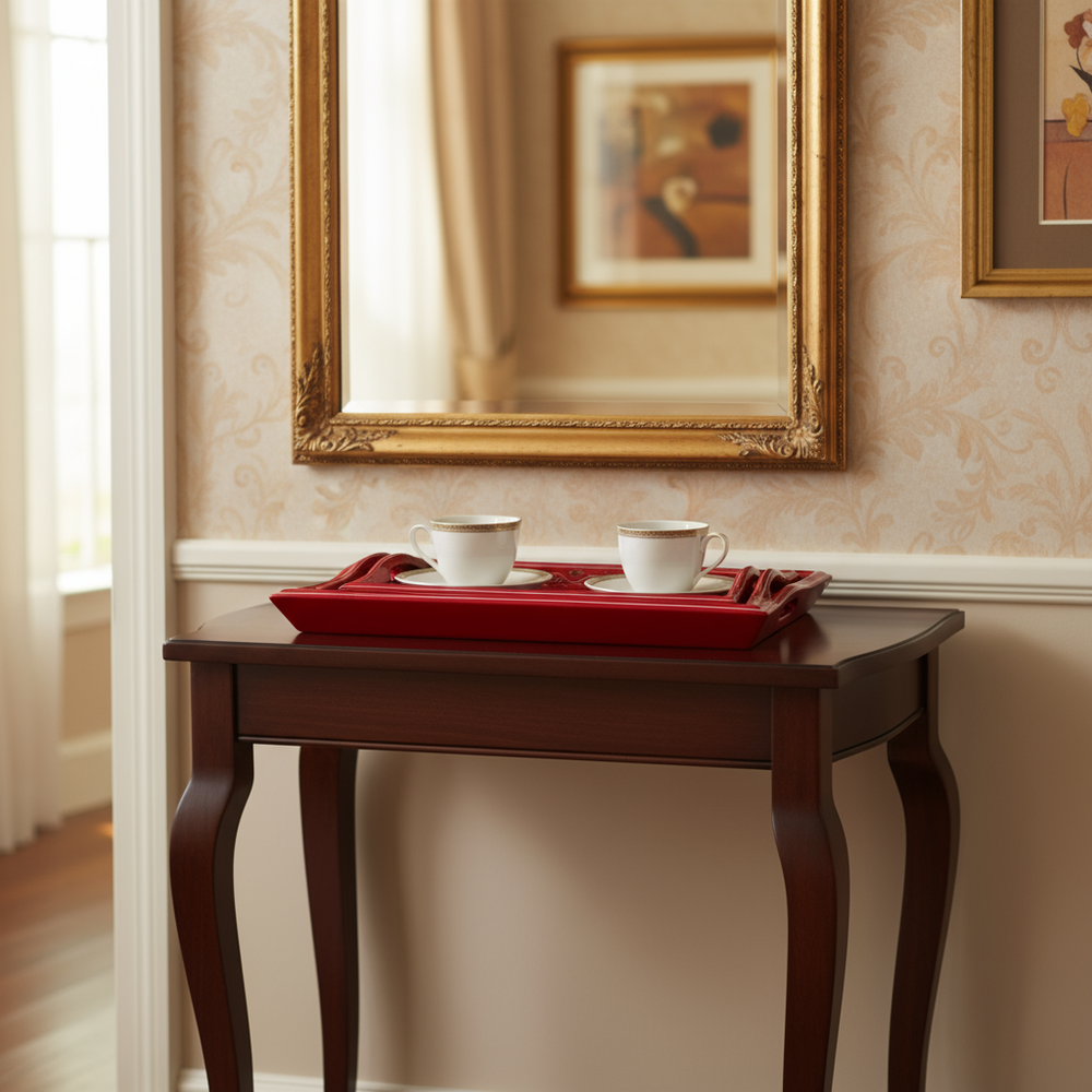 Set of three hand-painted traditional Indian wooden serving trays with colorful Rajasthani motifs and intricate artwork