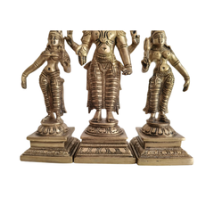 Brass Lord Vishnu with Consorts Idol Set Sridevi & Bhudevi / Lakshmi & Saraswati