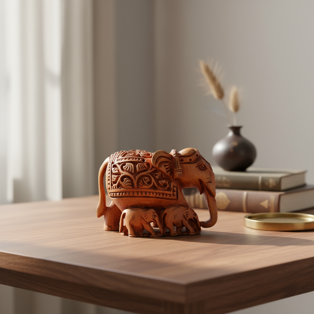 A hand-carved light brown wooden figurine of a large adult elephant with two smaller baby elephants at its feet. The adult elephant has intricate traditional carvings on its body and head.