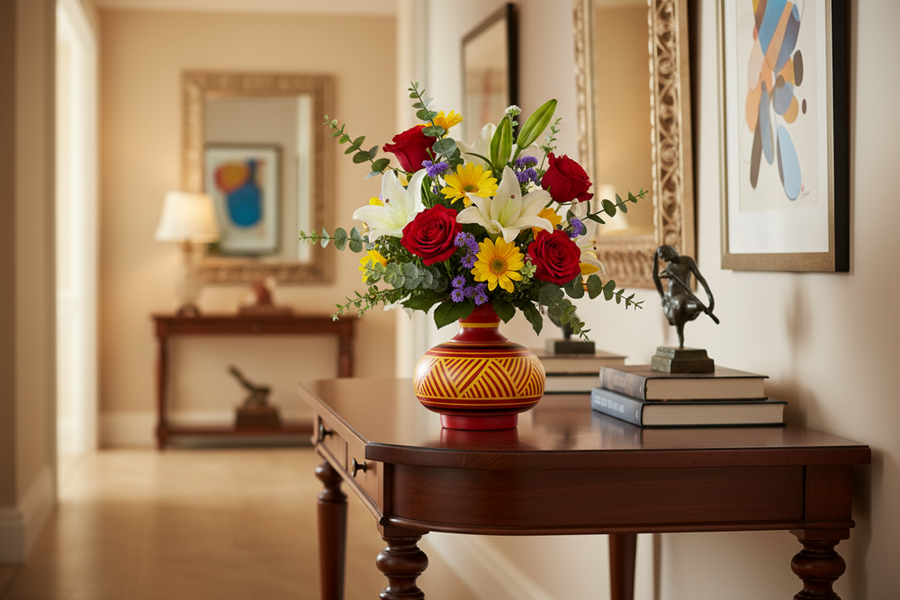 Traditional handcrafted flower vase with vibrant safe colors