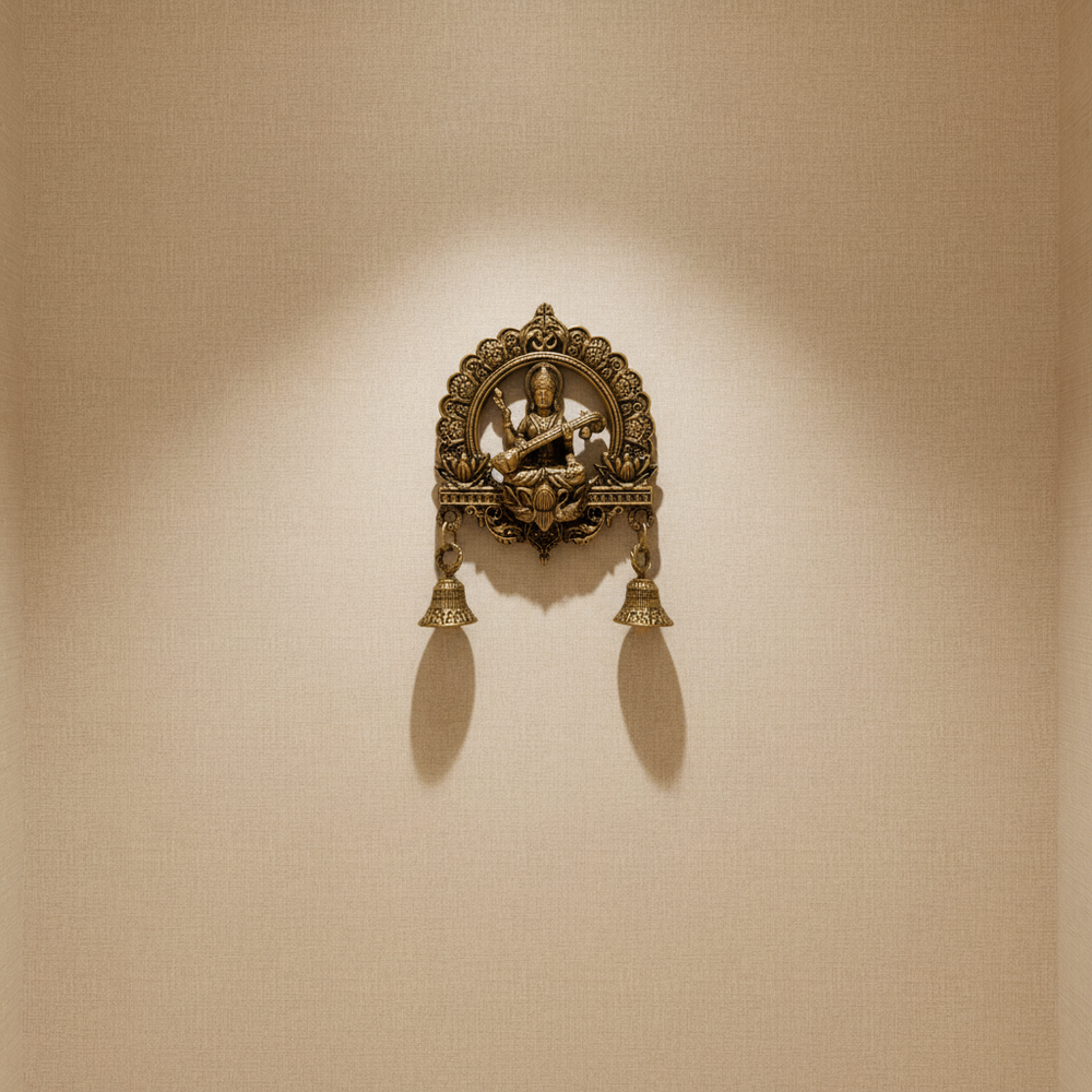Antique Brass Finish Saraswati Wall Hanging with Bells Brass Artwork