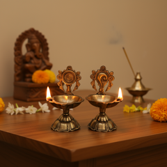 Pair of Ornate Brass Standing Diyas - Traditional Oil Lamps with Auspicious Symbols
