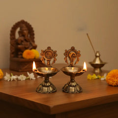 Pair of Ornate Brass Standing Diyas - Traditional Oil Lamps with Auspicious Symbols Brass Ware