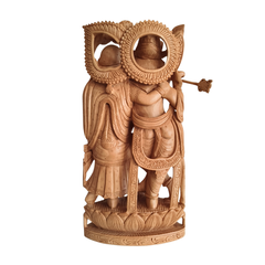 Divine Love: Hand-Carved Wooden Radha Krishna Sculpture with Intricate Detailing