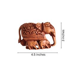 Hand-Carved Wooden Elephant Family with Intricate Details
