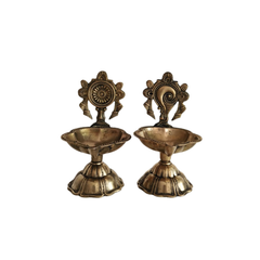 Pair of Ornate Brass Standing Diyas - Traditional Oil Lamps with Auspicious Symbols