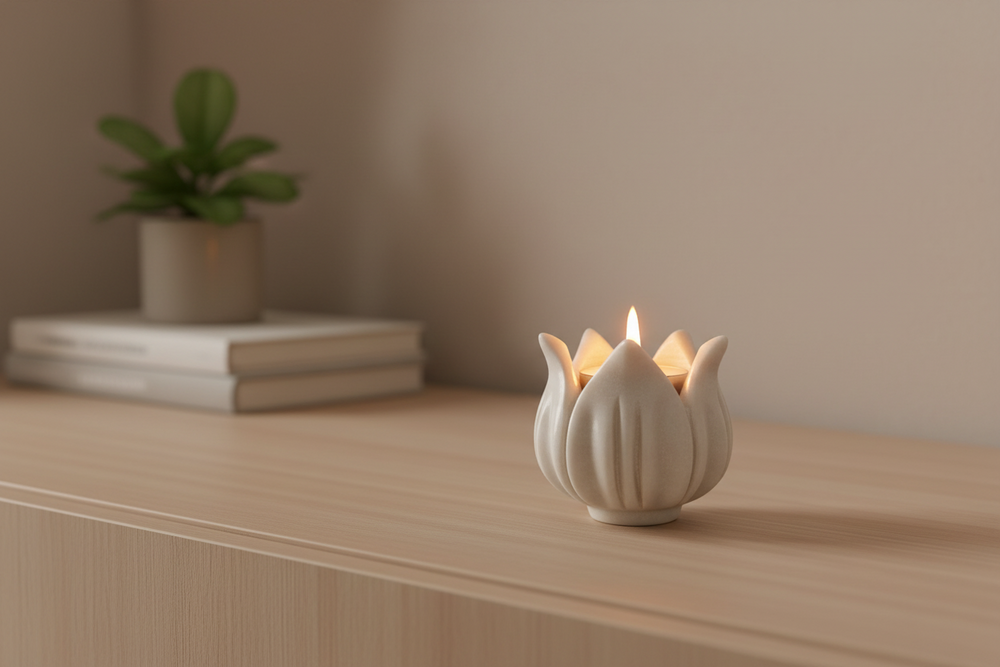 Lotus-shaped marble candle holder for festive decoration.