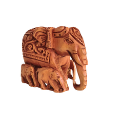 Hand-Carved Wooden Elephant Family with Intricate Details