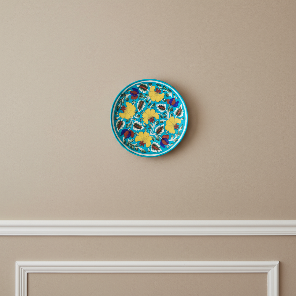 Hand-Painted Wall Plate Yellow and Blue Floral Pottery