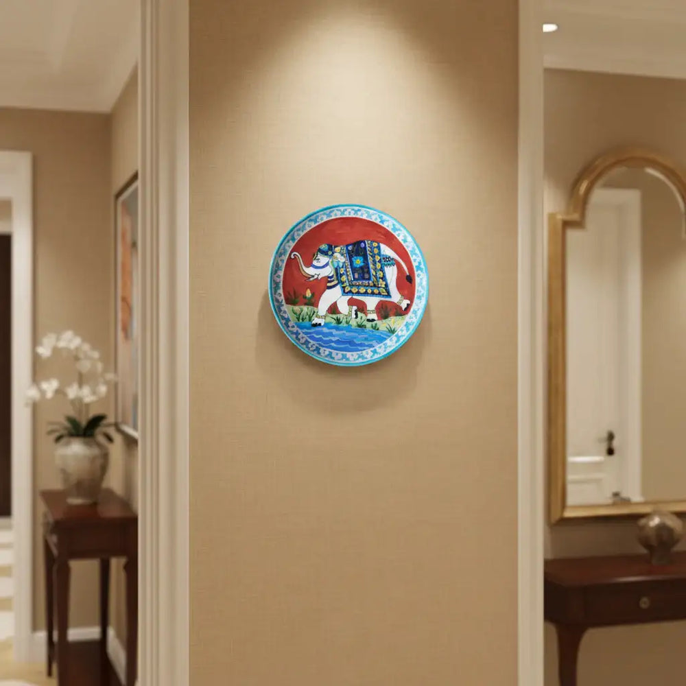 Hand-Painted Decorative Plate White Elephant with Red Background Pottery